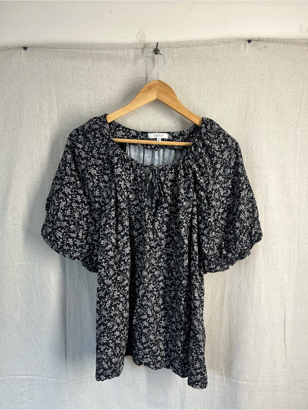 Angels Black Floral Peasant Top with Puff Sleeves